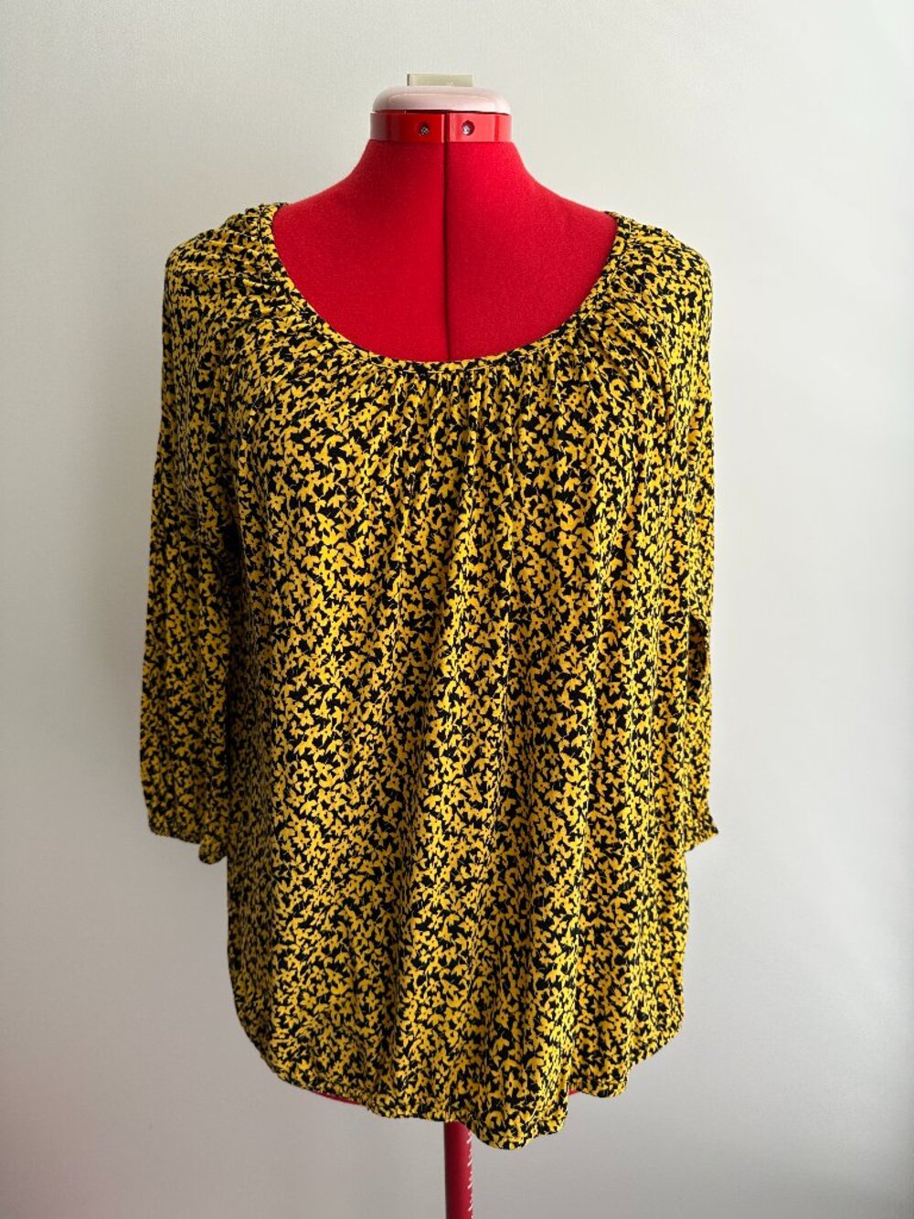 MICHAEL KORS (L) Yellow Black Floral Print Peasant Top Blouson Mustard Dandelion